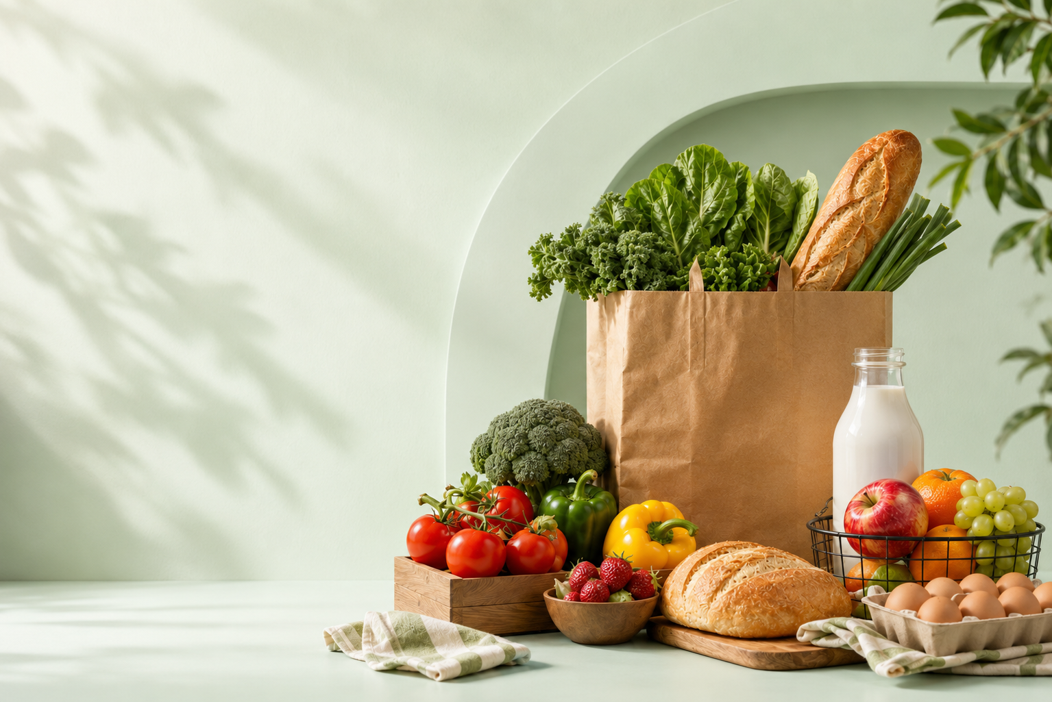 A grocery bag filled with fresh vegetables, bread, milk, fruit and daily essentials